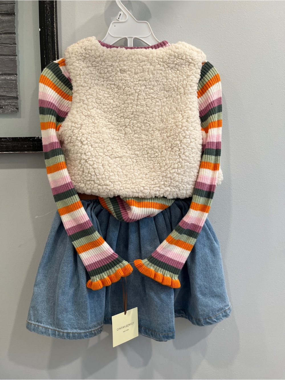 Cynthia Rowley Cream Sherpa Vest with Multicolor Striped Top & Denim Skirt - Picture 2 of 4